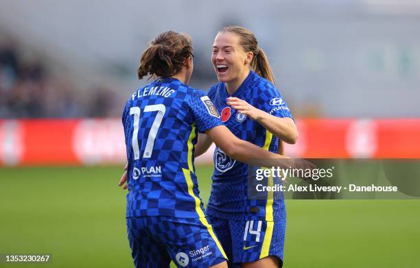 Jessie Fleming of Chelsea Women celebrates with Fran Kirby after scoring the opening goal during the Barclays FA Women's Super League match between...