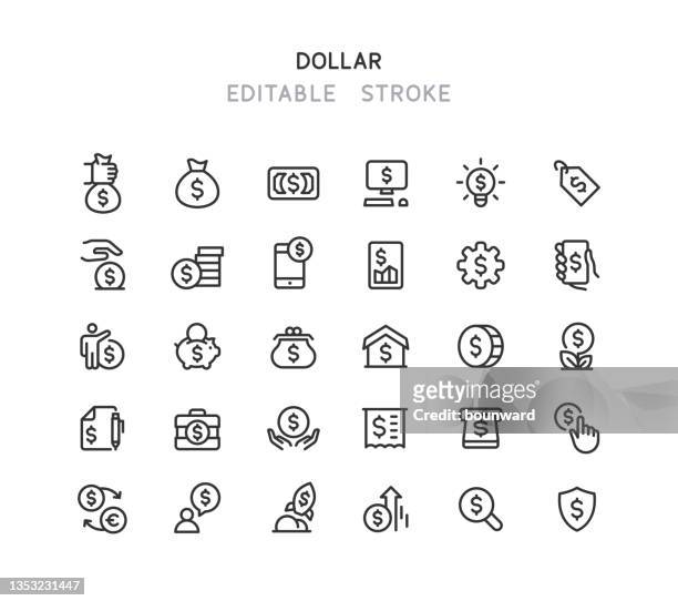 illustrations, cliparts, dessins animés et icônes de icônes de ligne de signe dollar trait modifiable - sac d'argent