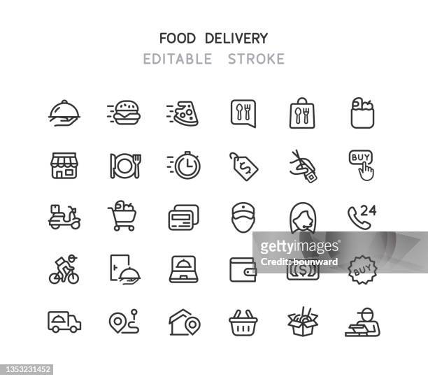 food delivery line icons editable stroke - delivering groceries stock illustrations