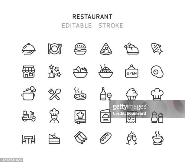 restaurant line icons bearbeitbarer strich - garkochen stock-grafiken, -clipart, -cartoons und -symbole