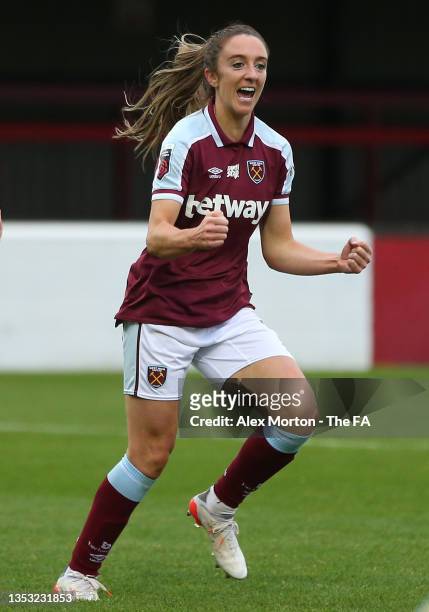 Lisa Evans of West Ham United celebrates after scoring their team's first goal during the Barclays FA Women's Super League match between West Ham...