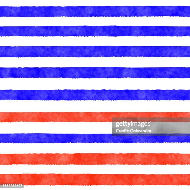 stockillustraties, clipart, cartoons en iconen met hand drawn blue and red watercolor stripes seamless pattern background. coastal summer concept. design element for greeting cards and labels, marketing, business card abstract background. - navy watercolor swatch