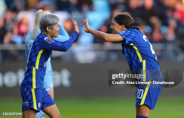 Sam Kerr of Chelsea Women celebrates with Ji So-yun after scoring their second goal during the Barclays FA Women's Super League match between...