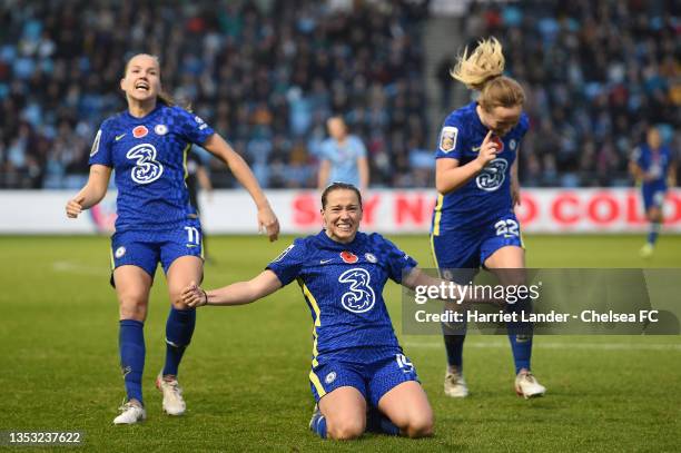 Fran Kirby of Chelsea celebrates after scoring her team's third goal during the Barclays FA Women's Super League match between Manchester City Women...