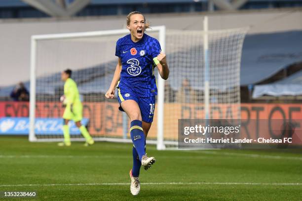 Magdalena Eriksson of Chelsea celebrates after scoring her team's fourth goal during the Barclays FA Women's Super League match between Manchester...