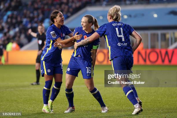 Magdalena Eriksson of Chelsea celebrates after scoring their team's fourth goal with Millie Bright of Chelsea and Sam Kerr of Chelsea during the...