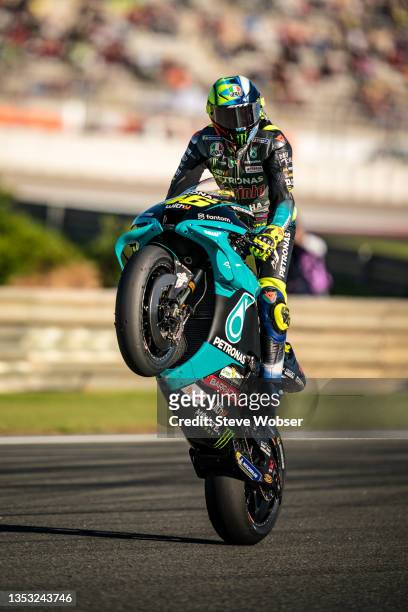 Valentino Rossi of Italy and Petronas Yamaha SRT rides a wheelie during the race of the MotoGP Gran Premio Motul de la Comunitat Valenciana at at...