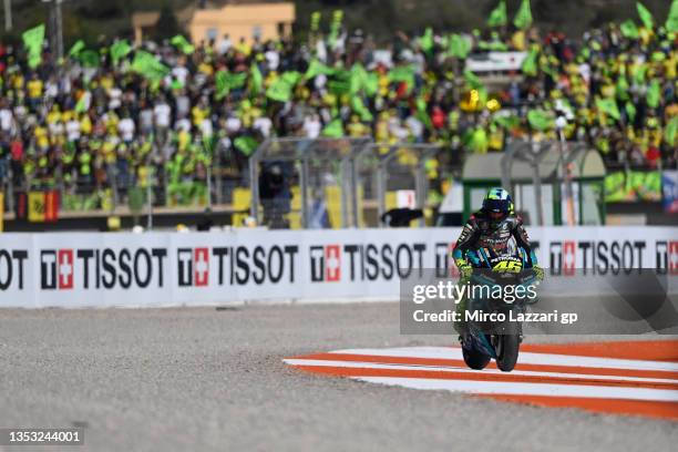 Valentino Rossi of Italy and Petronas Yamaha SRT celebrates his final race in front of fans at the end of the the MotoGP race during the MotoGP of...