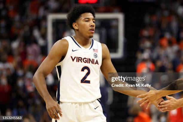 Reece Beekman of the Virginia Cavaliers during a game against the Radford Highlanders at John Paul Jones Arena on November 12, 2021 in...