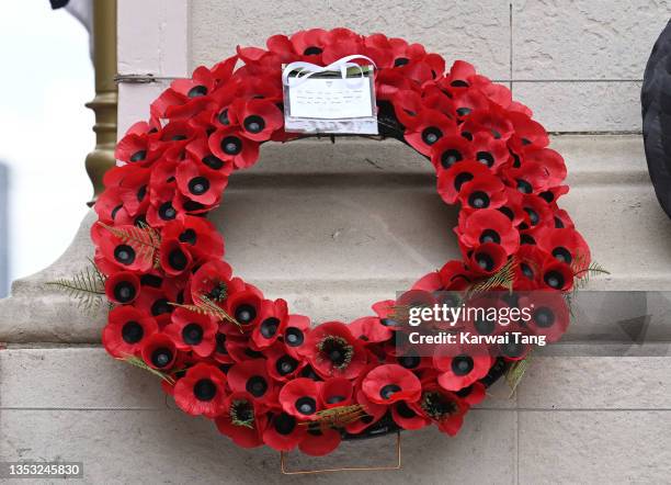 Prince William, Duke of Cambridge's poppy wreath which he laid during the National Service of Remembrance at the Cenotaph on November 14, 2021 in...