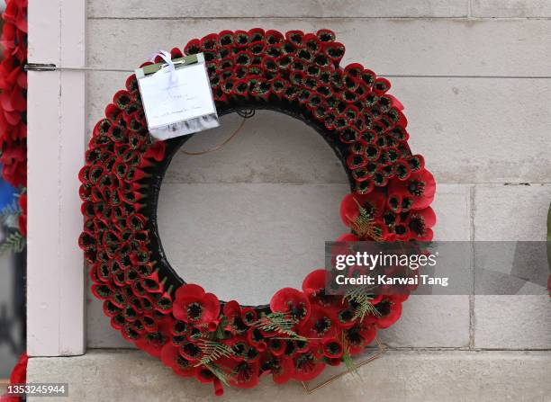 Princess Anne, Princess Royal's hand written message and poppy wreath which she laid during the National Service of Remembrance at the Cenotaph on...