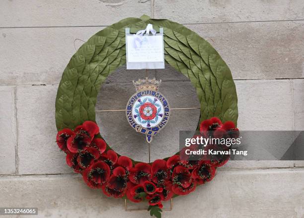 Prince Edward, Earl of Wessex's hand written message and poppy wreath which he laid during the National Service of Remembrance at the Cenotaph on...