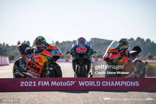 MotoGP World Champion bike photo with Fabio Quartararo of France and Monster Energy Yamaha MotoGP , Moto2 rider Remy Gardner of Australia and Red...