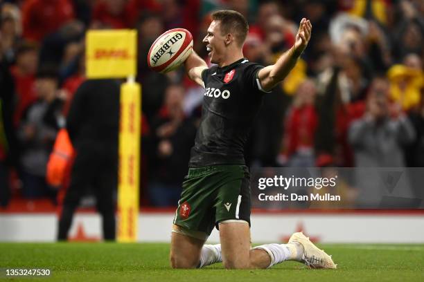 Liam Williams of Wales celebrates after scoring their side's sixth try during the Autumn Nations Series match between Wales and Fiji at Principality...