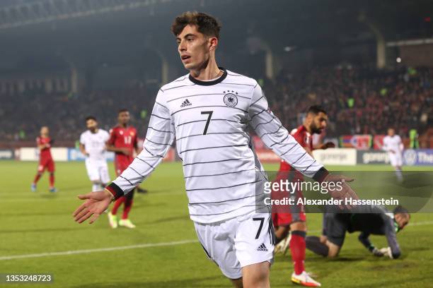 Kai Havertz of Germany celebrates after scoring their side's first goal during the 2022 FIFA World Cup Qualifier match between Armenia and Germany at...