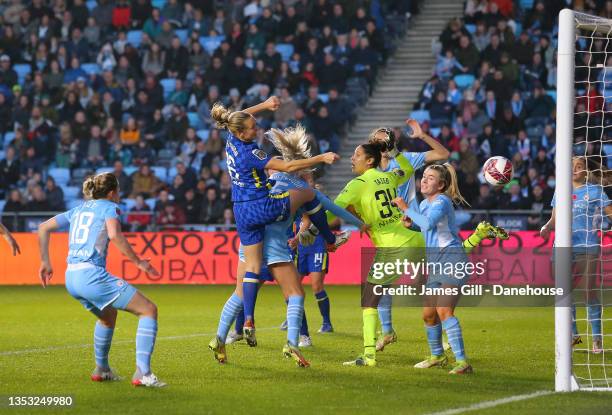 Magdalena Eriksson of Chelsea Women scores their fourth goal during the Barclays FA Women's Super League match between Manchester City Women and...