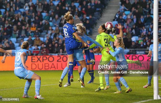 Magdalena Eriksson of Chelsea Women scores their fourth goal during the Barclays FA Women's Super League match between Manchester City Women and...