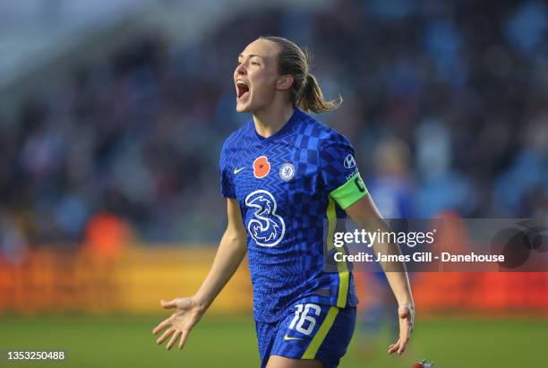 Magdalena Eriksson of Chelsea Women celebrates scoring their fourth goal during the Barclays FA Women's Super League match between Manchester City...
