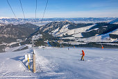 Snowboarder on a Sunny Ski Slope With Snowy Blizzard and a Panorama of Mountains