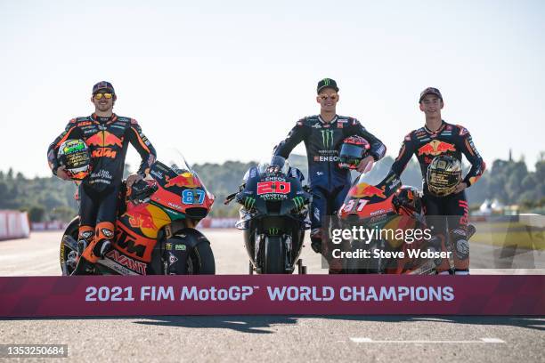 MotoGP World Champions photo with Fabio Quartararo of France and Monster Energy Yamaha MotoGP , Moto2 rider Remy Gardner of Australia and Red Bull...
