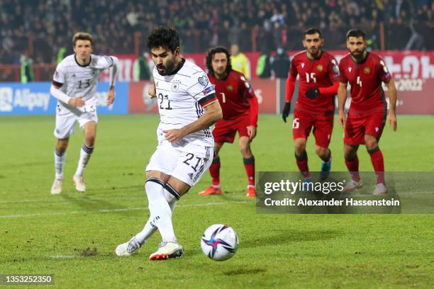 Ilkay Guendogan of Germany scores their side's second goal from the penalty spot during the 2022 FIFA World Cup Qualifier match between Armenia and...