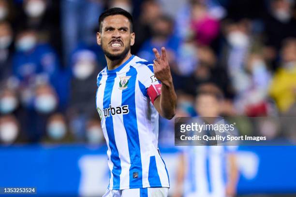 Recio of CD Leganes reacts during the LaLiga Smartbank match between CD Leganes and Real Valladolid CF at Stadium of Butarque on 14 November, 2021 in...