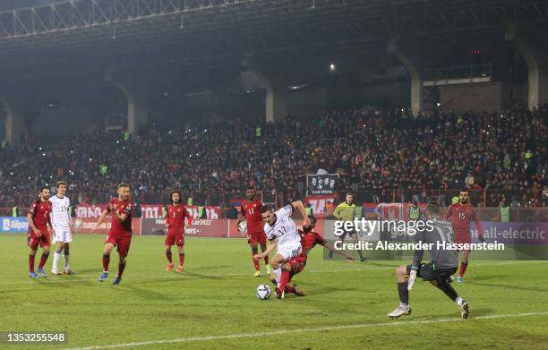 Florian Neuhaus of Germany is fouled by Taron Voskanyan of Armenia leading to a penalty being awarded during the 2022 FIFA World Cup Qualifier match...