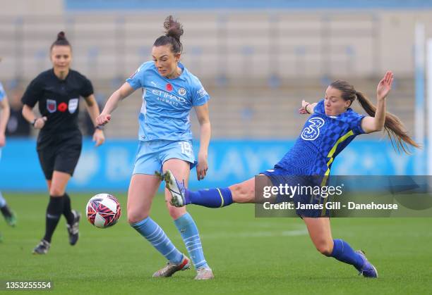 Caroline Weir of Manchester City Women is challenged by Fran Kirby of Chelsea Women during the Barclays FA Women's Super League match between...