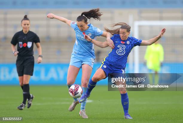 Caroline Weir of Manchester City Women is challenged by Fran Kirby of Chelsea Women during the Barclays FA Women's Super League match between...