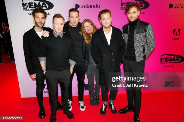 Brian Willett, Eddie Fisher, Zach Filkins, Drew Brown, Ryan Tedder and Brent Kutzle of One Republic attend the MTV EMAs 2021 'Music for ALL' at the...