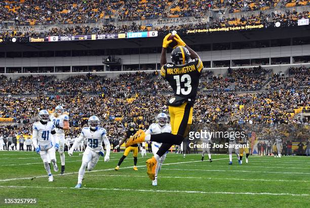 James Washington of the Pittsburgh Steelers makes a touchdown reception against the Detroit Lions in the first quarter at Heinz Field on November 14,...