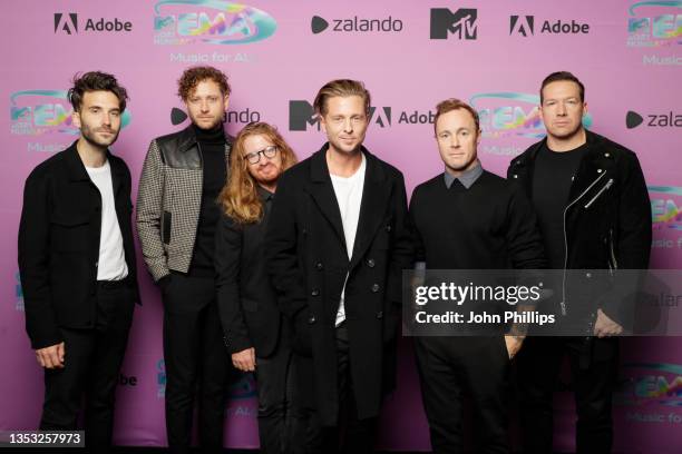 Brian Willett, Eddie Fisher, Zach Filkins, Drew Brown, Ryan Tedder and Brent Kutzle of One Republic in the winners room during the MTV EMAs 2021...