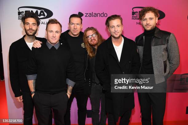 Brian Willett, Eddie Fisher, Zach Filkins, Drew Brown, Ryan Tedder and Brent Kutzle of One Republic attend the MTV EMAs 2021 'Music for ALL' at the...