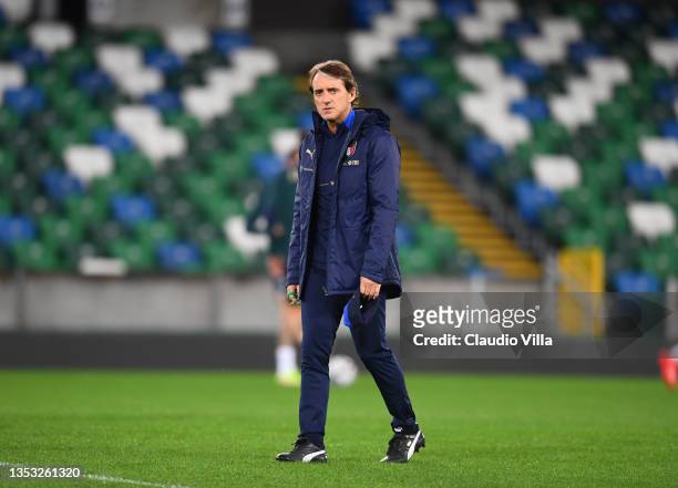 Head coach Italy Roberto Mancini looks on during a Italy training session at Windsor Park on November 14, 2021 in Belfast, Northern Ireland.