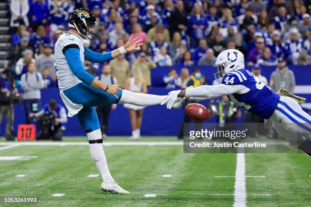 Zaire Franklin of the Indianapolis Colts blocks a punt from Logan Cooke of the Jacksonville Jaguars during the first half at Lucas Oil Stadium on...