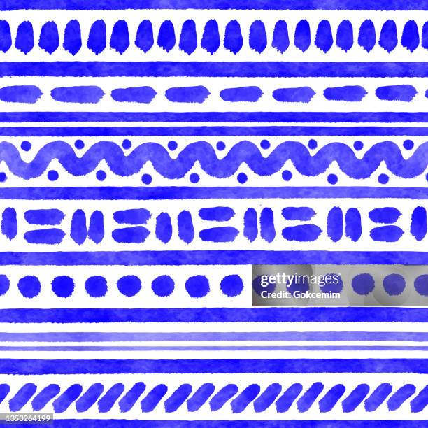 stockillustraties, clipart, cartoons en iconen met blue watercolor seamless tribal pattern. hand drawn stripes, waves and circles pattern background. coastal summer concept. design element for greeting cards and labels, marketing, business card abstract background. - navy watercolor swatch