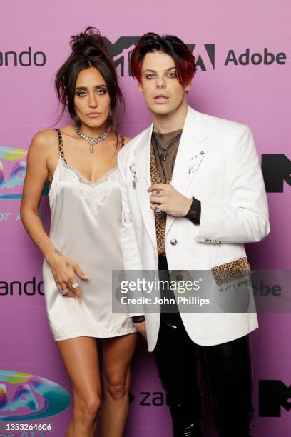 Jesse Jo Stark and Yungblud pose in the winners room during the MTV EMAs 2021 'Music for ALL' at the Papp Laszlo Budapest Sports Arena on November...