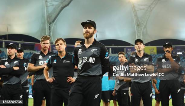 Players of New Zealand cut dejected figures following the ICC Men's T20 World Cup final match between New Zealand and Australia at Dubai...