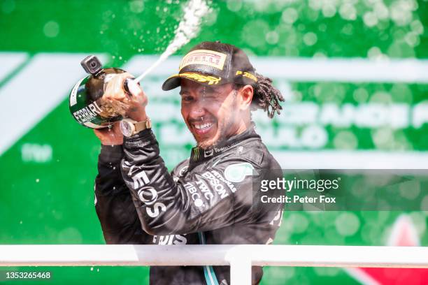 Lewis Hamilton of Mercedes and Great Britain celebrates first position during the F1 Grand Prix of Brazil at Autodromo Jose Carlos Pace on November...