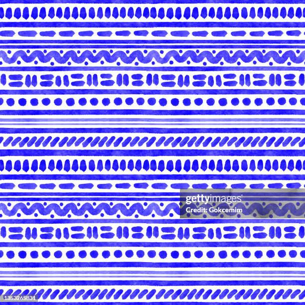 illustrazioni stock, clip art, cartoni animati e icone di tendenza di blu acquerello senza cuciture modello tribale. strisce disegnate a mano, onde e cerchi pattern background. concetto di estate costiera. elemento di design per biglietti di auguri ed etichette, marketing, sfondo astratto del biglietto da visita. - civiltà maya