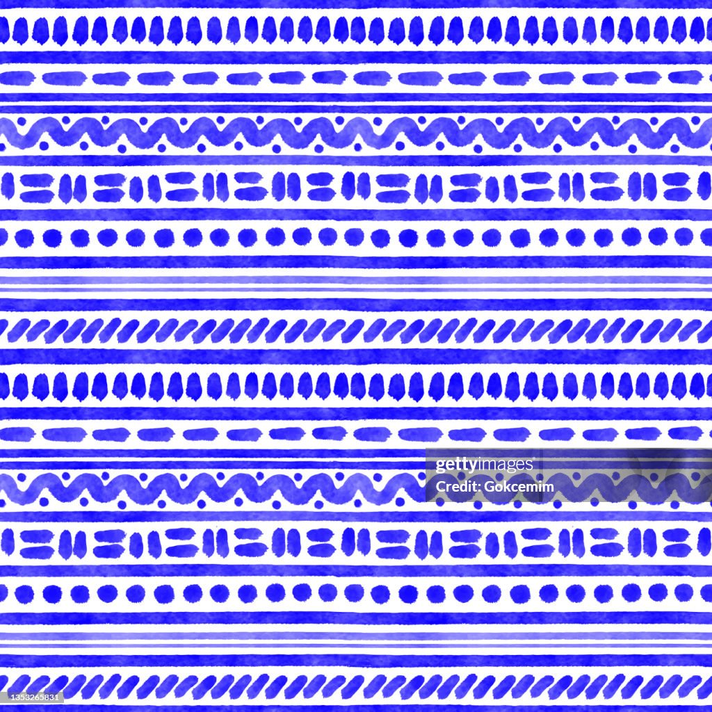 Blue Watercolor Seamless Tribal Pattern. Hand Drawn Stripes, Waves and Circles Pattern Background. Coastal Summer Concept. Design Element for Greeting Cards and Labels, Marketing, Business Card Abstract Background.