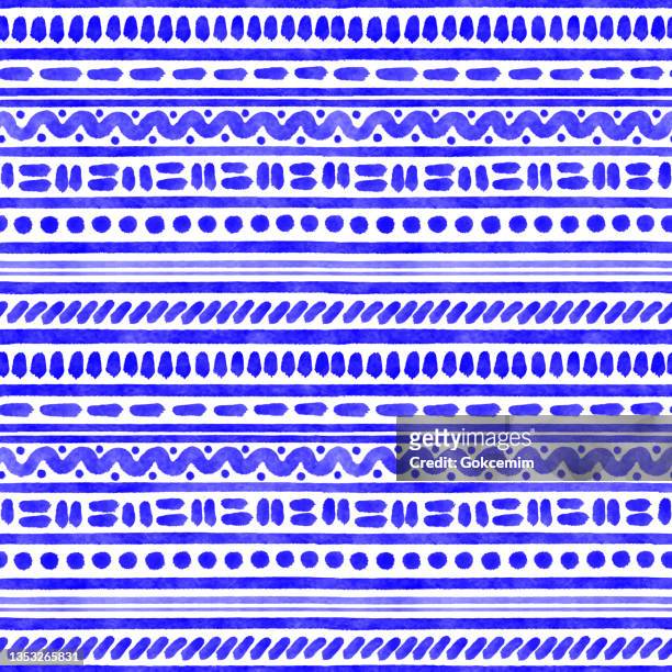 blue watercolor seamless tribal pattern. hand drawn stripes, waves and circles pattern background. coastal summer concept. design element for greeting cards and labels, marketing, business card abstract background. - mediterranean sea stock illustrations