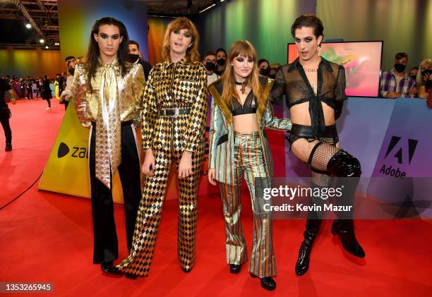 Ethan Torchio, Thomas Raggi, Victoria De Angelis and Damiano David from the band Maneskin attend the MTV EMAs 2021 'Music for ALL' at the Papp Laszlo...