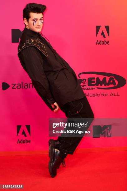 Gjon Muharremaj aka Gjon"u2019s Tears poses during the 2021 MTV Europe Music Awards at the Papp Laszlo Budapest Sports Arena, on November 14, 2021 in...