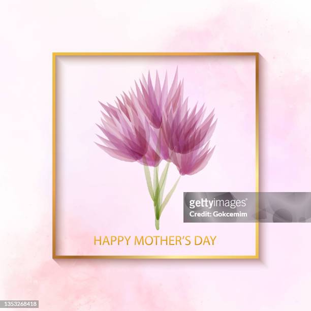 ilustrações de stock, clip art, desenhos animados e ícones de happy mother's day, watercolor multicolored fresh bloosoms design for greeting cards, advertising, banners, leaflets and flyers. floral frame. delicate bouquet with purple and pink flowers arranged to form a cheerful frame for greeting cards and designs. - mothers day text art