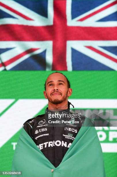 Lewis Hamilton of Mercedes and Great Britain celebrates finishing in first position during the F1 Grand Prix of Brazil at Autodromo Jose Carlos Pace...