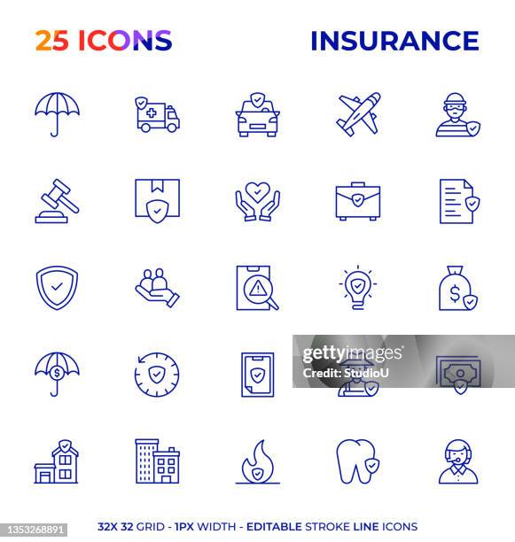 insurance editable stroke line icon series - travel insurance stock illustrations