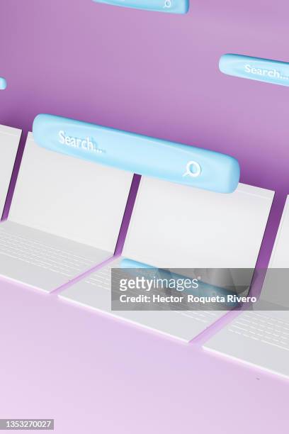 white laptop computer and search bar icon vector design. purple background - search bar stock pictures, royalty-free photos & images