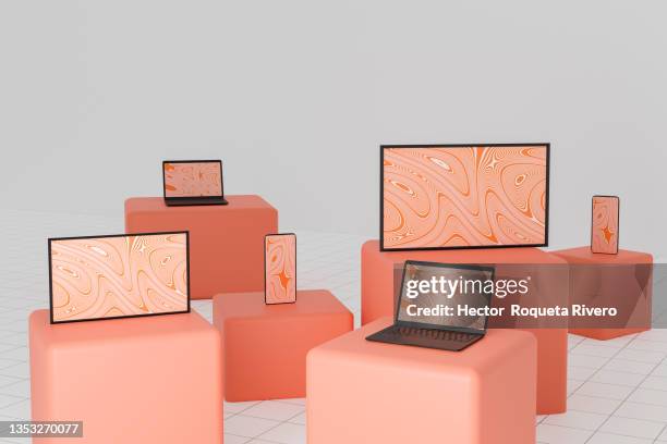 computer, mobile phone and television screen on red cubes, technology concept, 3d render - 3d store stock pictures, royalty-free photos & images