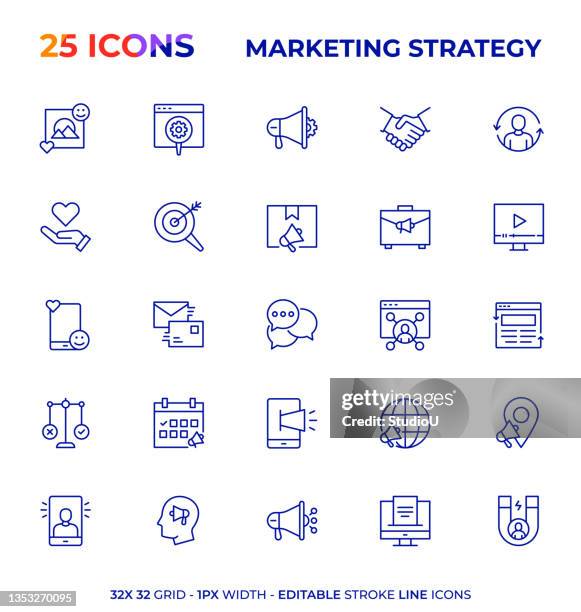 marketing strategy editable stroke line icon series - content strategy vector stock illustrations